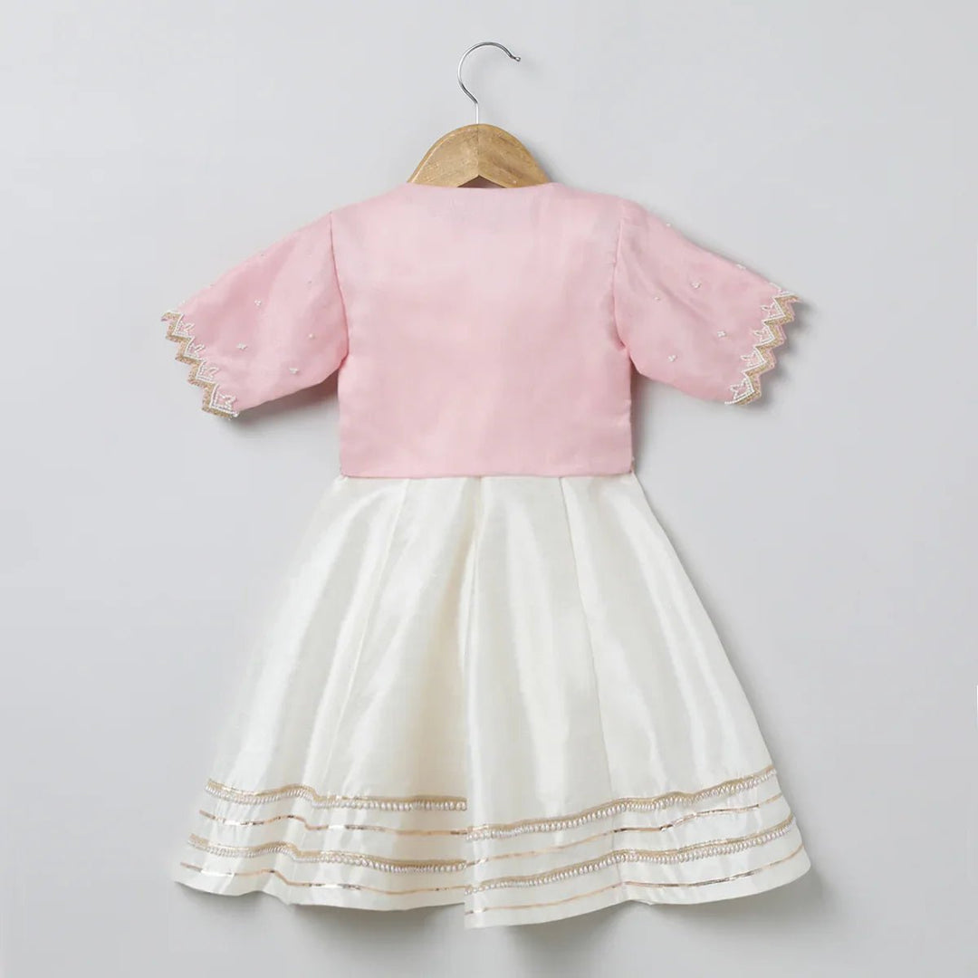 Baby Pink & White Raw Silk Dress with Embroidered Organza Jacket for Girls - BYB PREMIUM