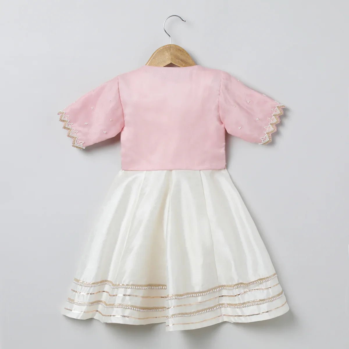 Baby pink & white raw silk dress with embroidered organza jacket for girls   byb premium