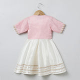 Baby Pink & White Raw Silk Dress with Embroidered Organza Jacket for Girls - BYB PREMIUM