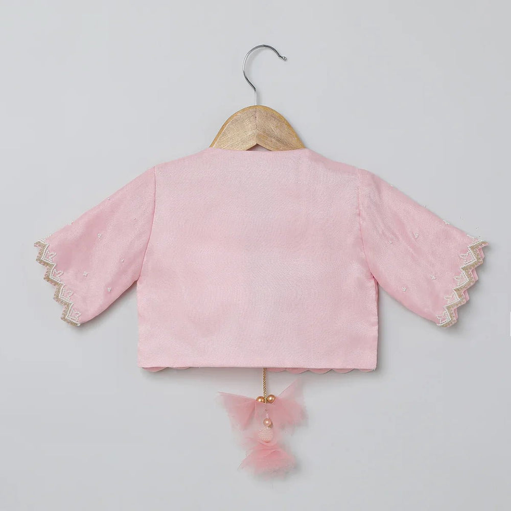 Baby Pink & White Raw Silk Dress with Embroidered Organza Jacket for Girls - BYB PREMIUM
