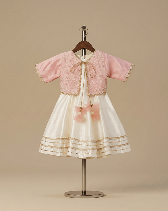 Baby Pink & White Raw Silk Dress with Embroidered Organza Jacket for Girls - BYB PREMIUM