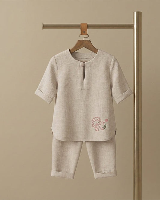 Beige Embroidered Pure Linen Coord Set for Boys - BYB PREMIUM