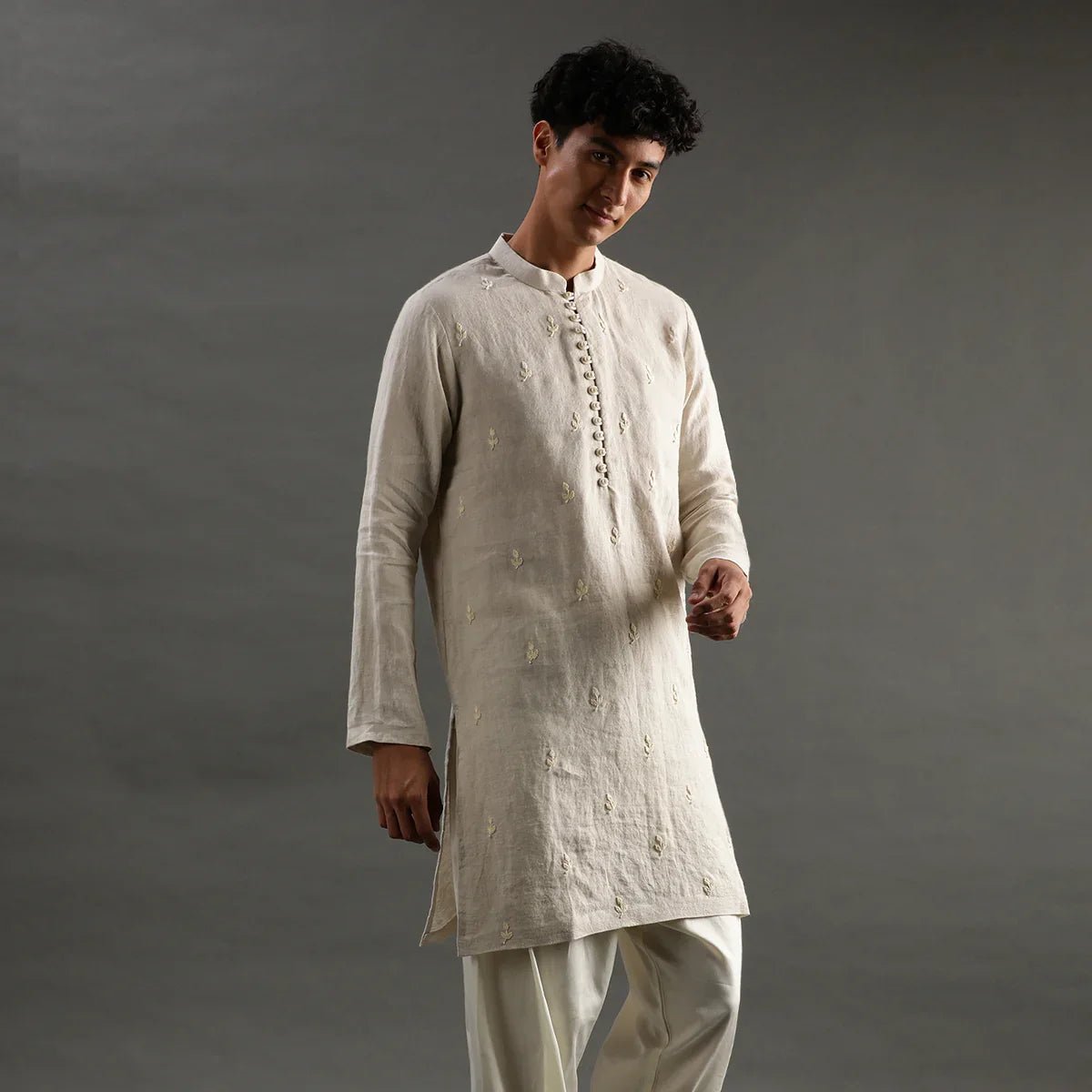 Beige linen embroidered kurta set with cotton pyjama   byb premium