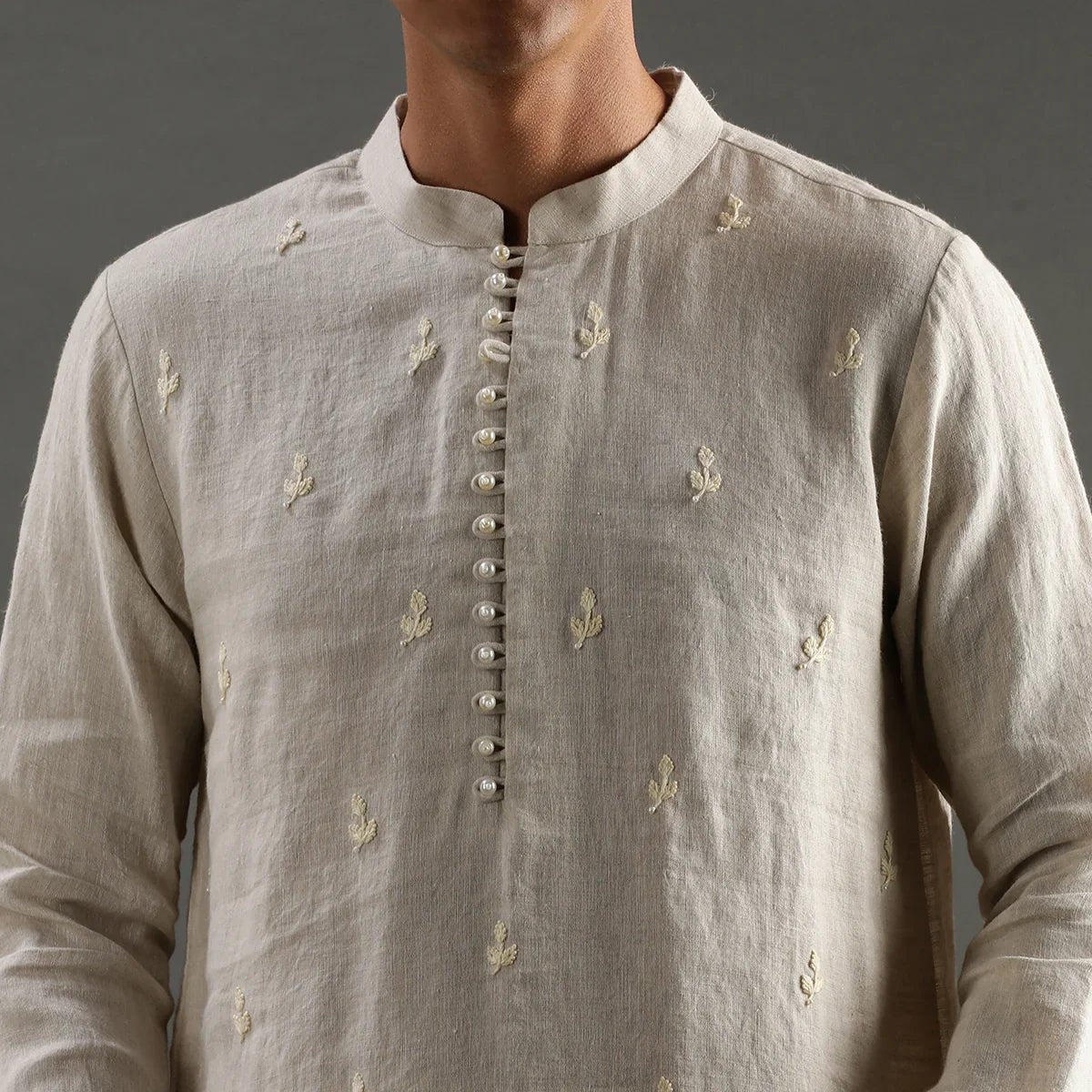 Beige linen embroidered kurta set with cotton pyjama   byb premium
