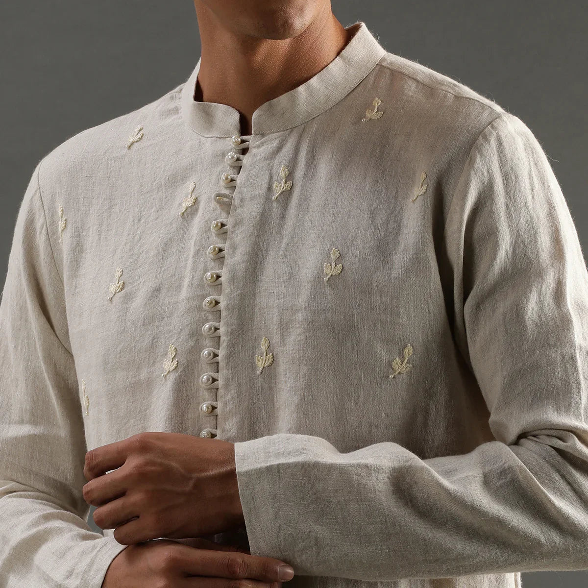 Beige linen embroidered kurta set with cotton pyjama   byb premium