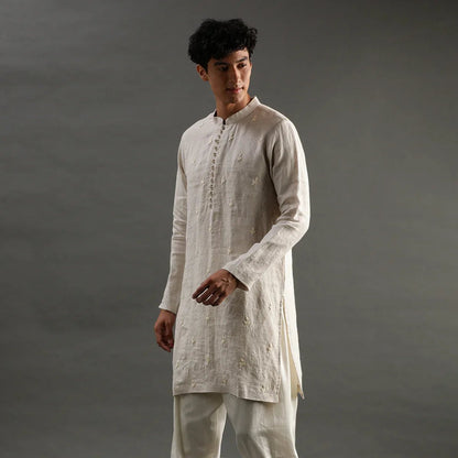 Beige Linen Embroidered Kurta Set with Cotton Pyjama - BYB PREMIUM