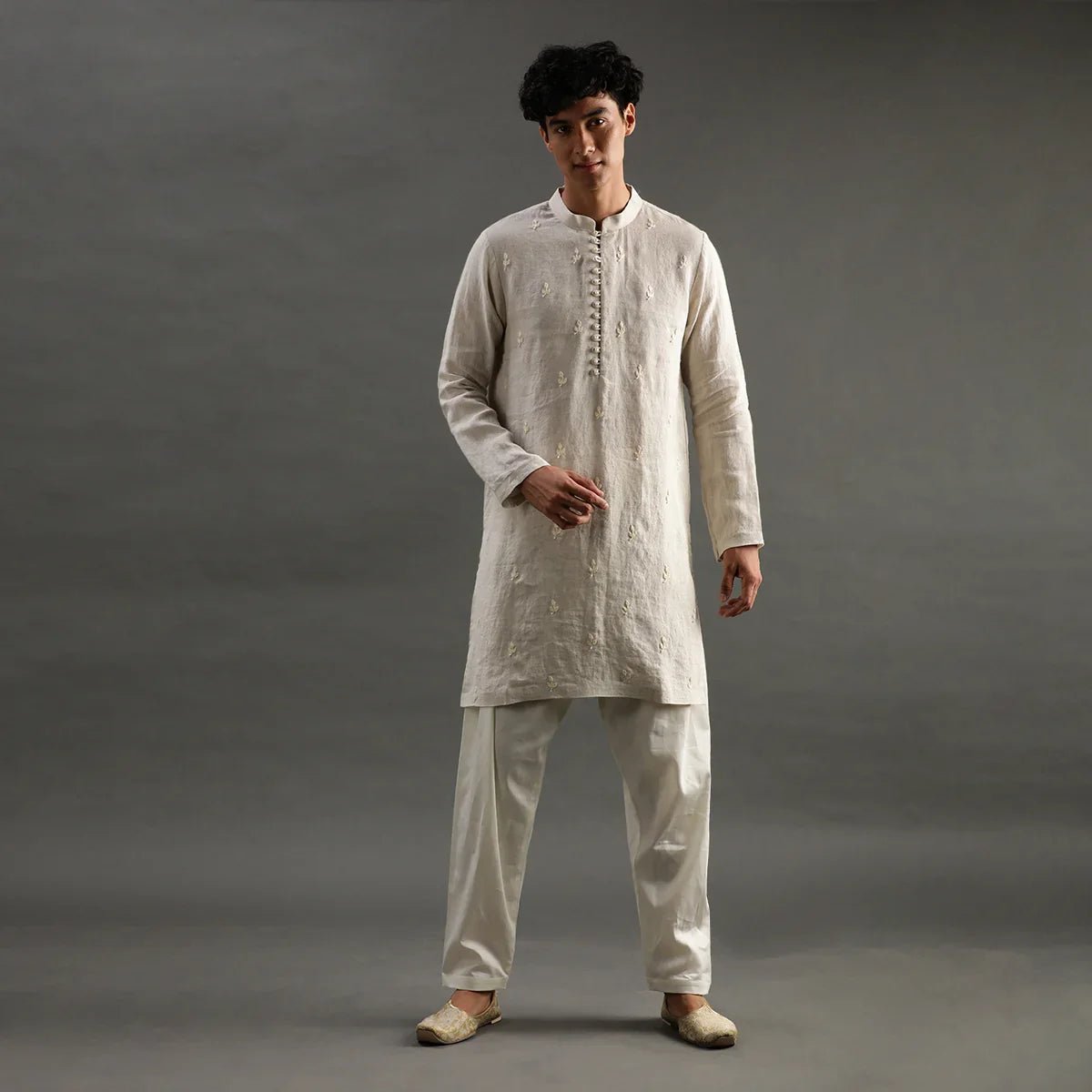 Beige linen embroidered kurta set with cotton pyjama   byb premium
