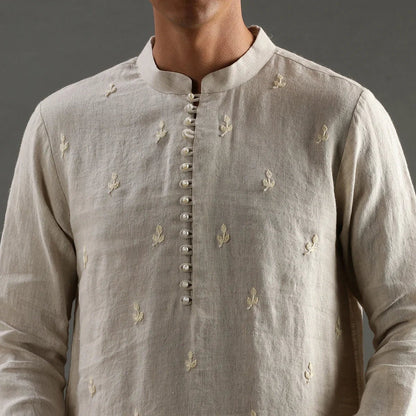 Beige Linen Embroidered Kurta Set with Cotton Pyjama - BYB PREMIUM