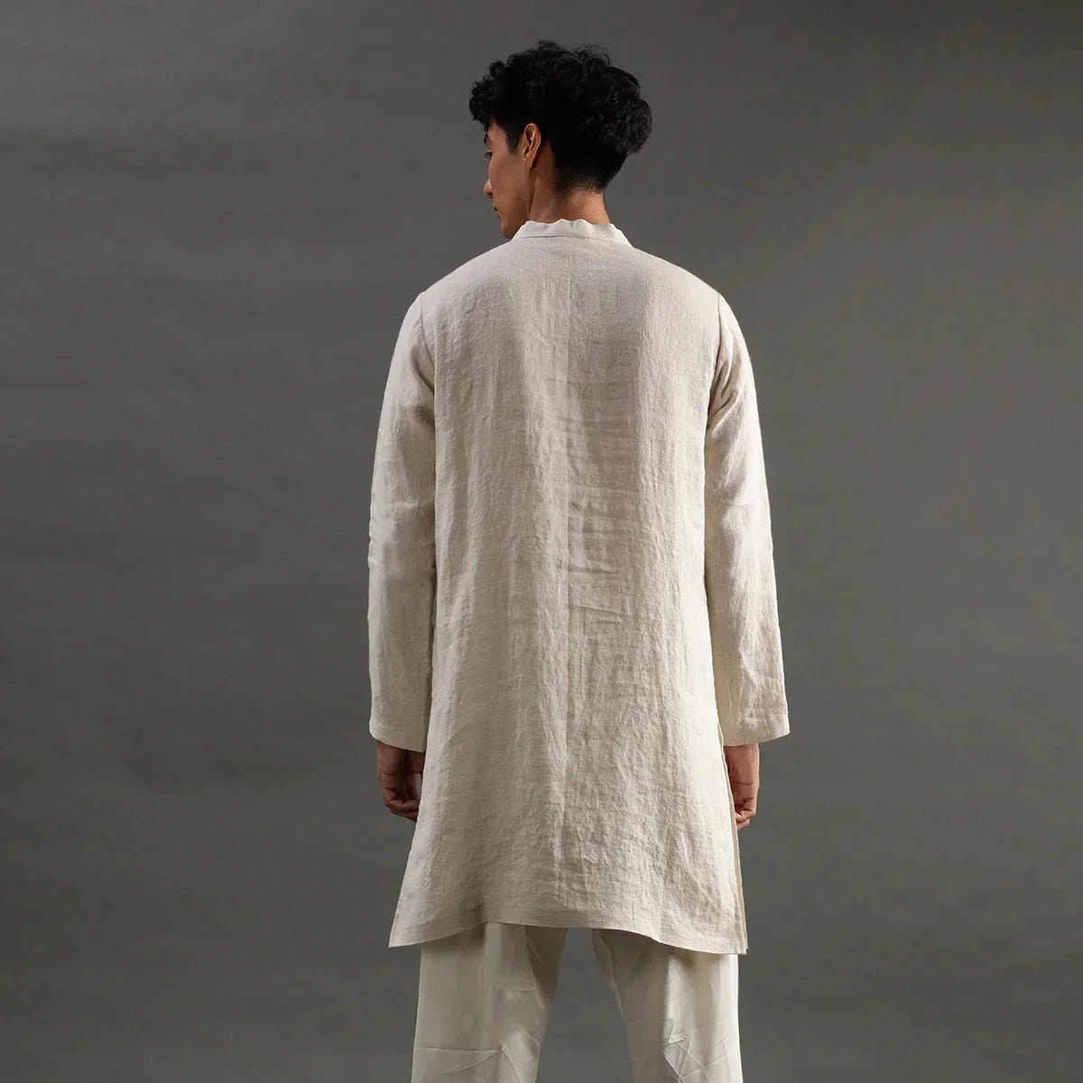 Beige linen embroidered kurta set with cotton pyjama   byb premium