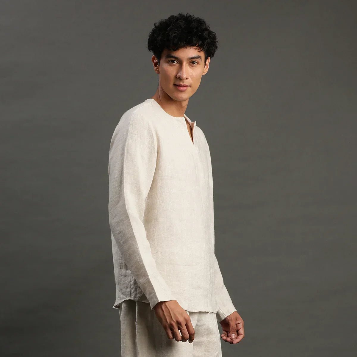 Beige linen short kurta for men   byb premium