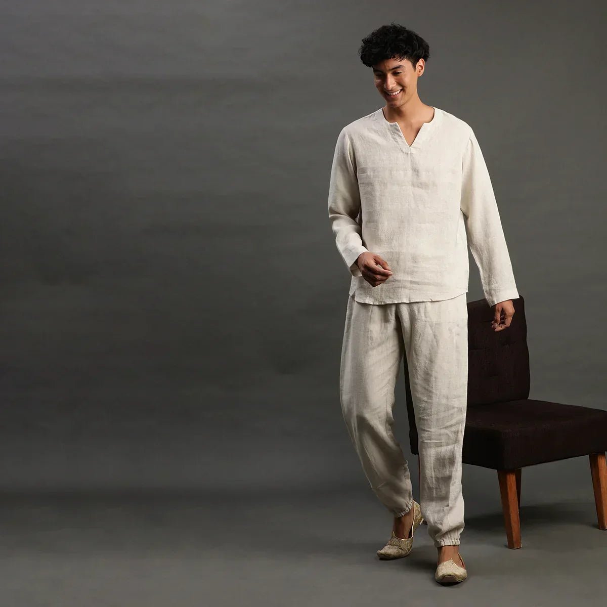 Beige linen short kurta for men   byb premium