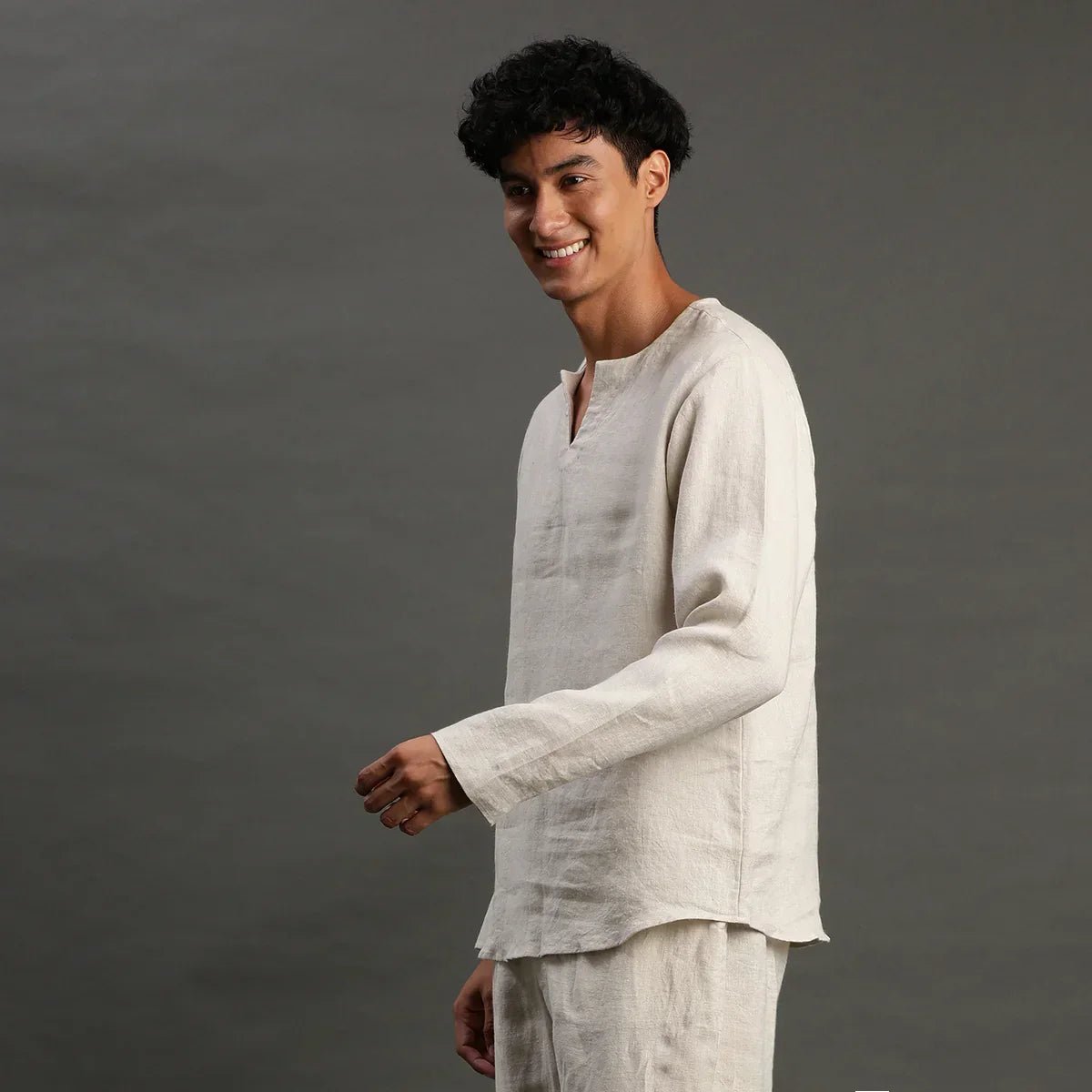 Beige linen short kurta for men   byb premium