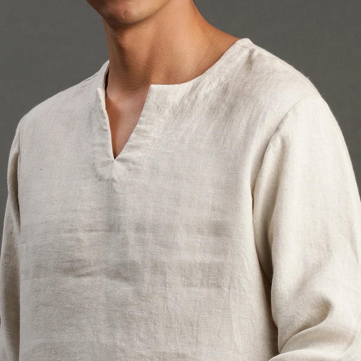 Beige linen short kurta for men   byb premium