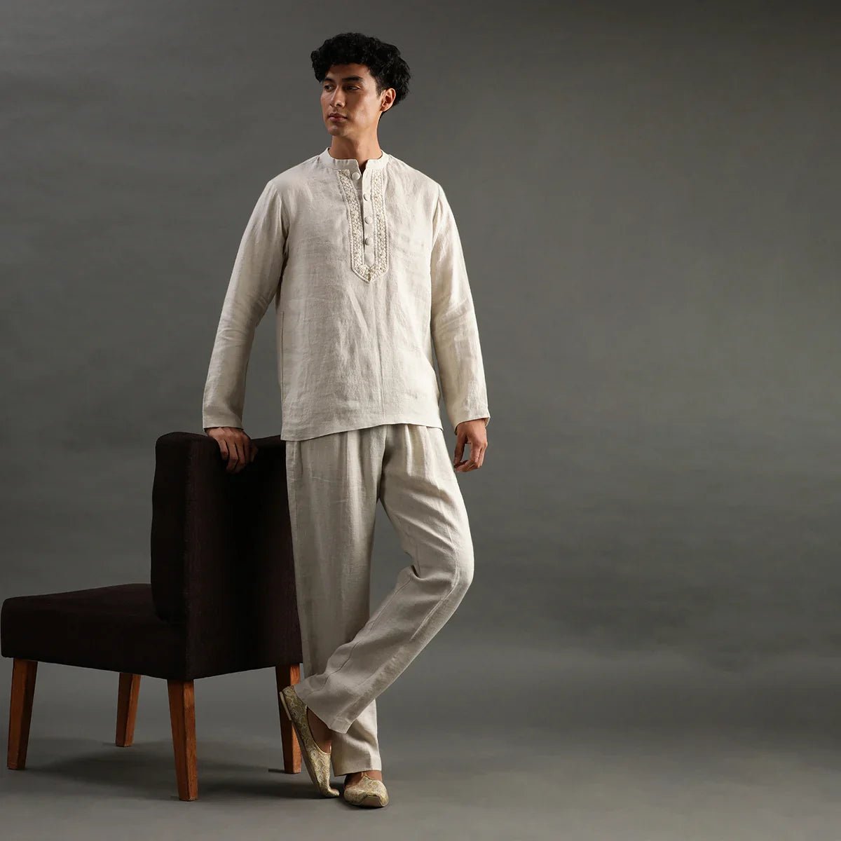 Beige linen short kurta pyjama set with embroidered placket   byb premium