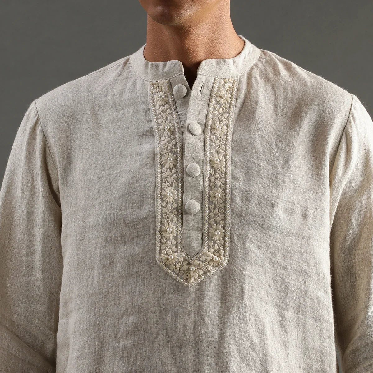 Beige linen short kurta pyjama set with embroidered placket   byb premium