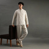 Beige Linen Short Kurta Pyjama Set with Embroidered Placket - BYB PREMIUM