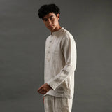 Beige Linen Short Kurta Pyjama Set with Embroidered Placket - BYB PREMIUM