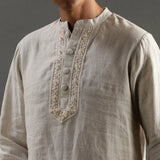 Beige Linen Short Kurta Pyjama Set with Embroidered Placket - BYB PREMIUM