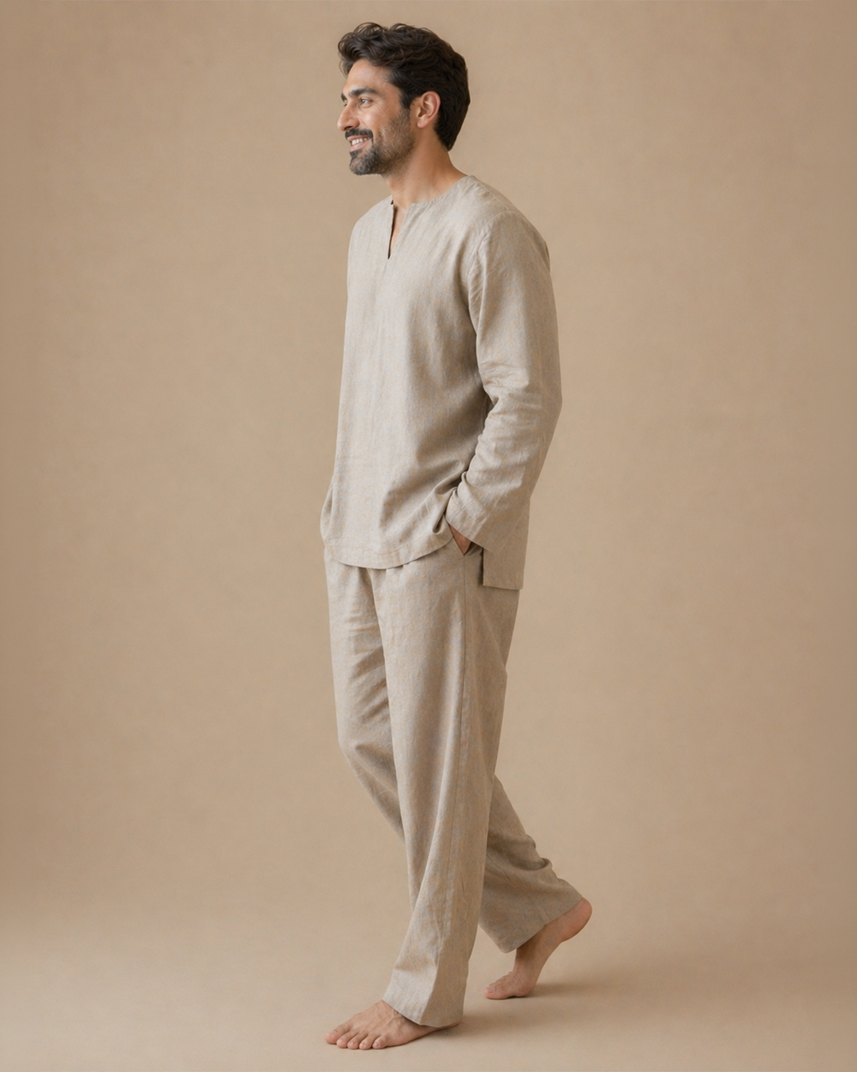 Men’s beige linen co ord set – relaxed fit kurta top & pants