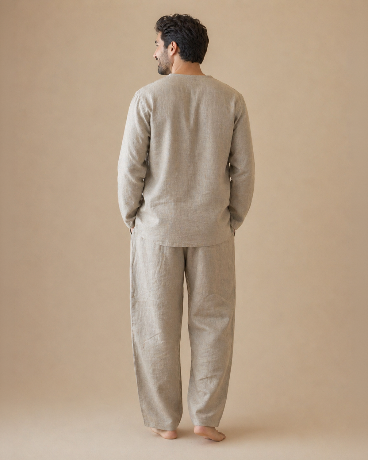 Men’s beige linen co ord set – relaxed fit kurta top & pants