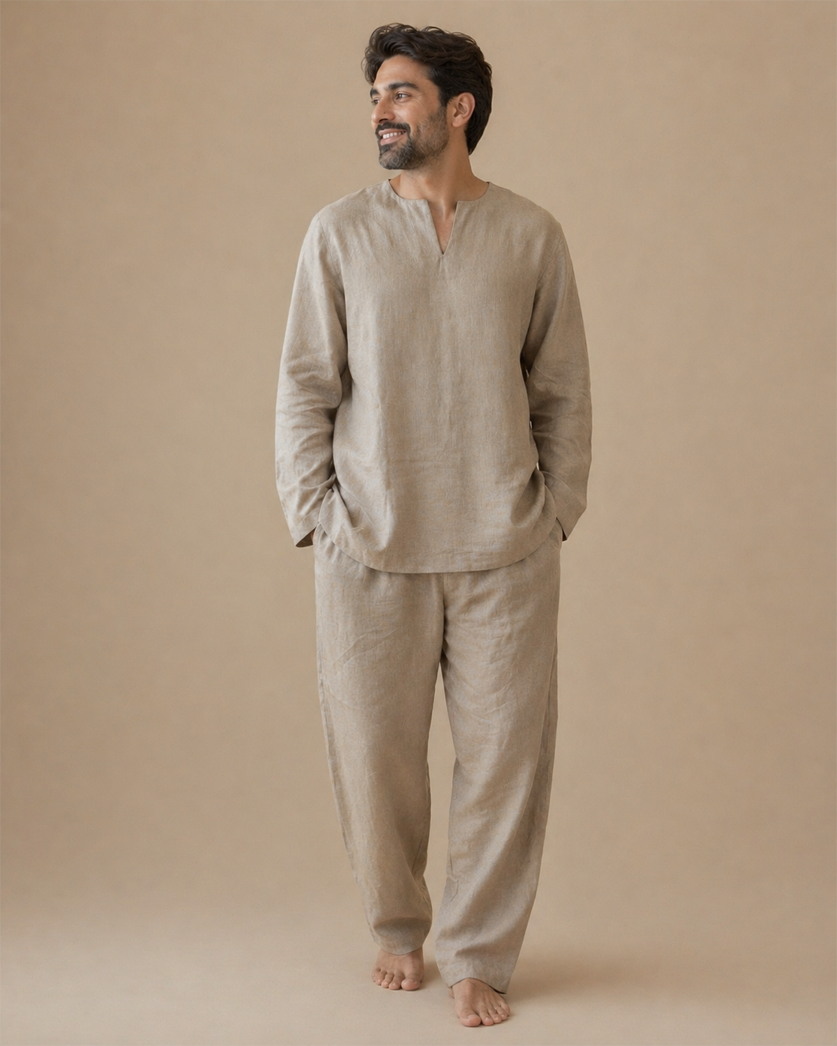 Men’s beige linen co ord set – relaxed fit kurta top & pants