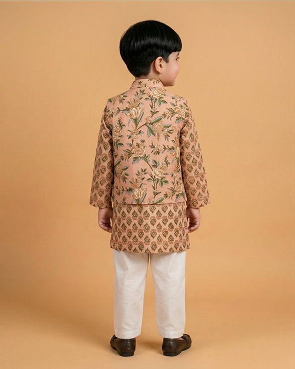 Peach floral print boys kurta set with white pajama | premium cotton ethnic wear