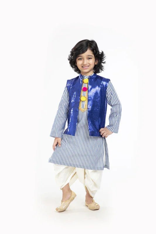 Blue stripe kurta dhoti set with waistcoat   byb premium