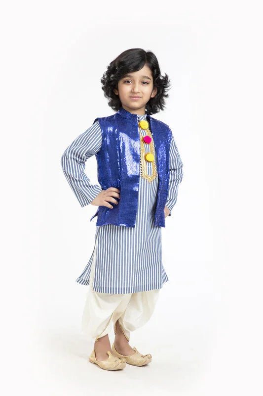Blue Stripe Kurta Dhoti Set with Waistcoat - BYB PREMIUM