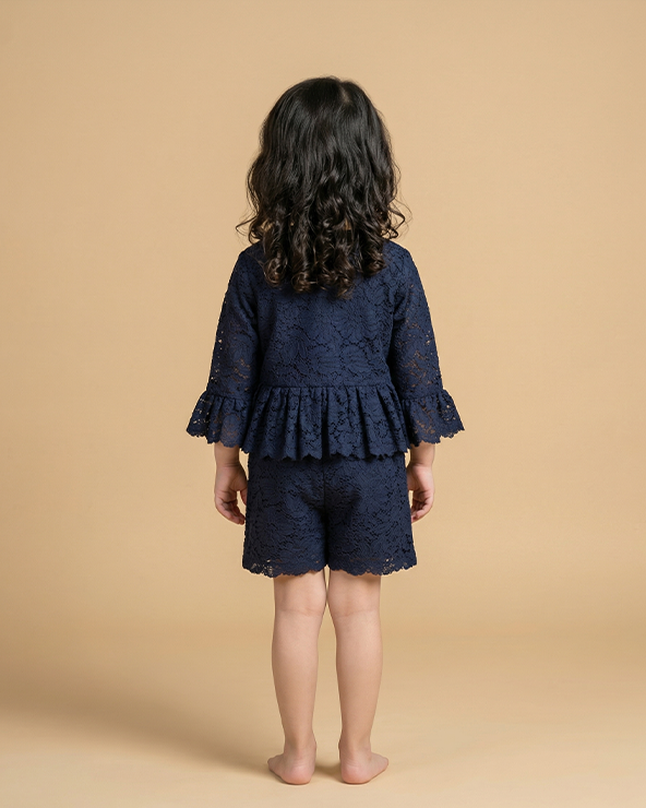 Navy blue cotton nylon lace girls co ord set with scallop detailing