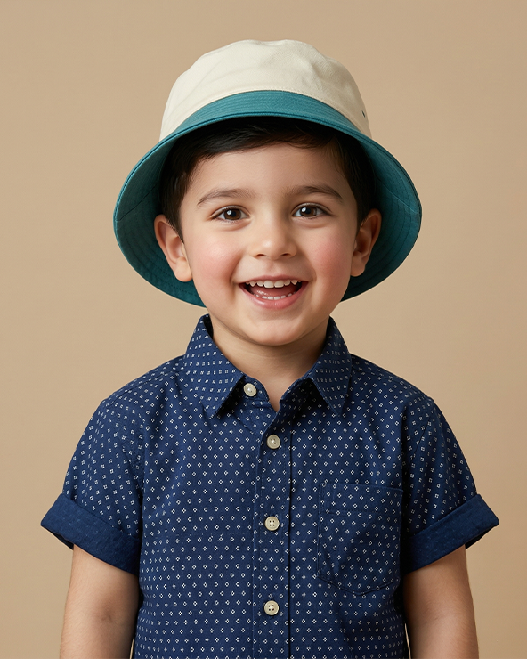 Navy blue pure linen polka dot shirt set for boys