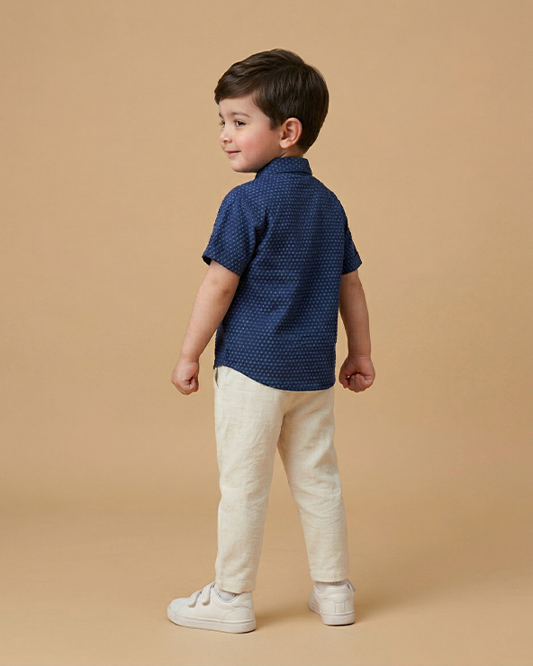 Navy blue pure linen polka dot shirt set for boys