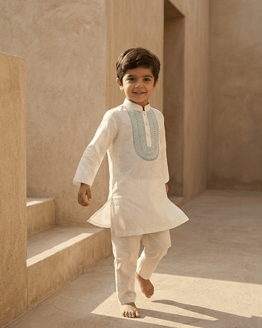 Boys Ivory Chanderi Embroidered Kurta Pajama Set for Festive & Wedding Wear - BYB PREMIUM