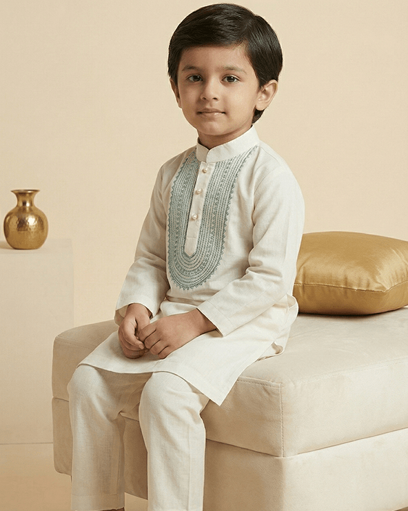 Boys Ivory Chanderi Embroidered Kurta Pajama Set for Festive & Wedding Wear - BYB PREMIUM
