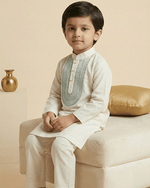 Load image into Gallery viewer, Boys Ivory Chanderi Embroidered Kurta Pajama Set for Festive &amp; Wedding Wear - BYB PREMIUM
