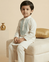 Boys Ivory Chanderi Embroidered Kurta Pajama Set for Festive & Wedding Wear - BYB PREMIUM