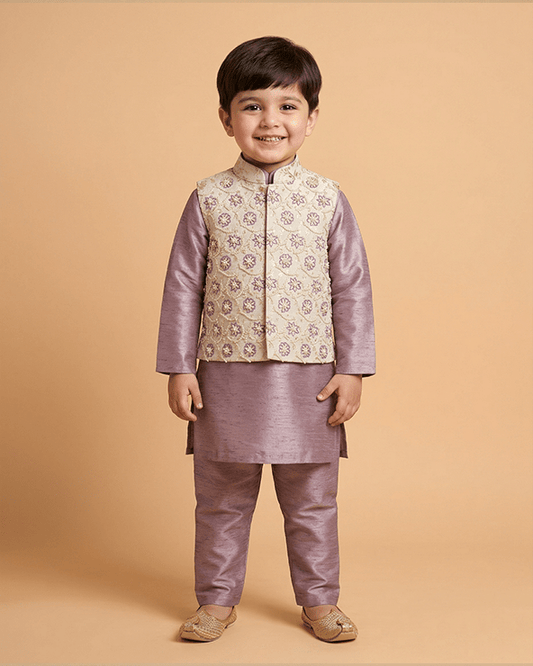 Boys Lavender Kurta Pajama Set with Embroidered Jacket ‚Äì Ethnic Festive Wear - BYB PREMIUM