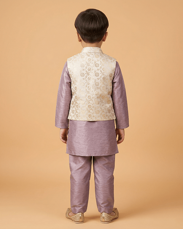 Boys Lavender Kurta Pajama Set with Embroidered Jacket – Ethnic Festive Wear - BYB PREMIUM
