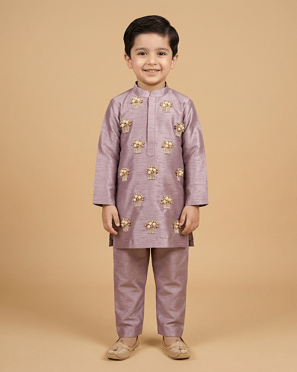 Boys Lavender Silk Kurta Pajama Set with Pearl Embroidery ‚Äì Ethnic Wear - BYB PREMIUM