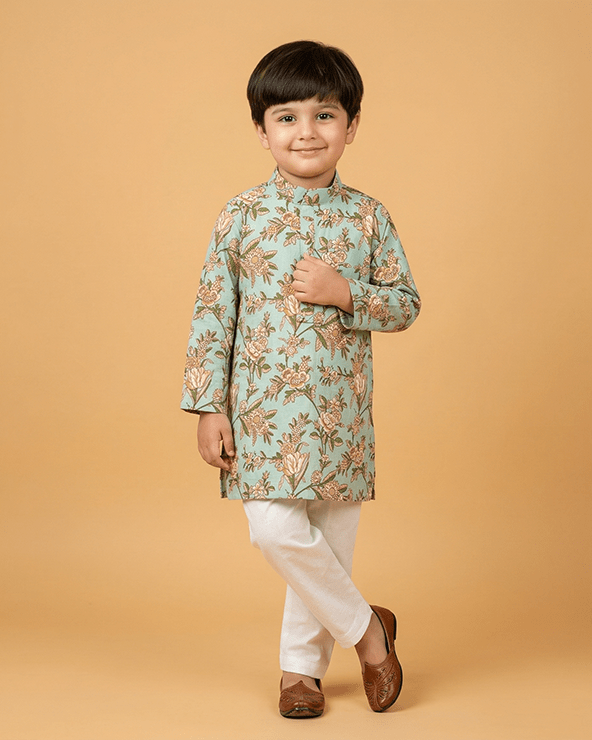Boys Mint Green Cotton Kurta Pajama Set with Floral Print | Premium Cotton Ethnic Wear - BYB PREMIUM