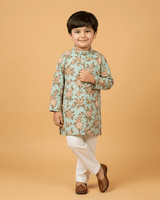Boys Mint Green Cotton Kurta Pajama Set with Floral Print | Premium Cotton Ethnic Wear - BYB PREMIUM