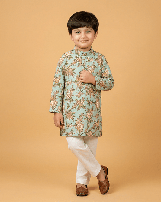 Boys Mint Green Cotton Kurta Pajama Set with Floral Print | Premium Cotton Ethnic Wear - BYB PREMIUM