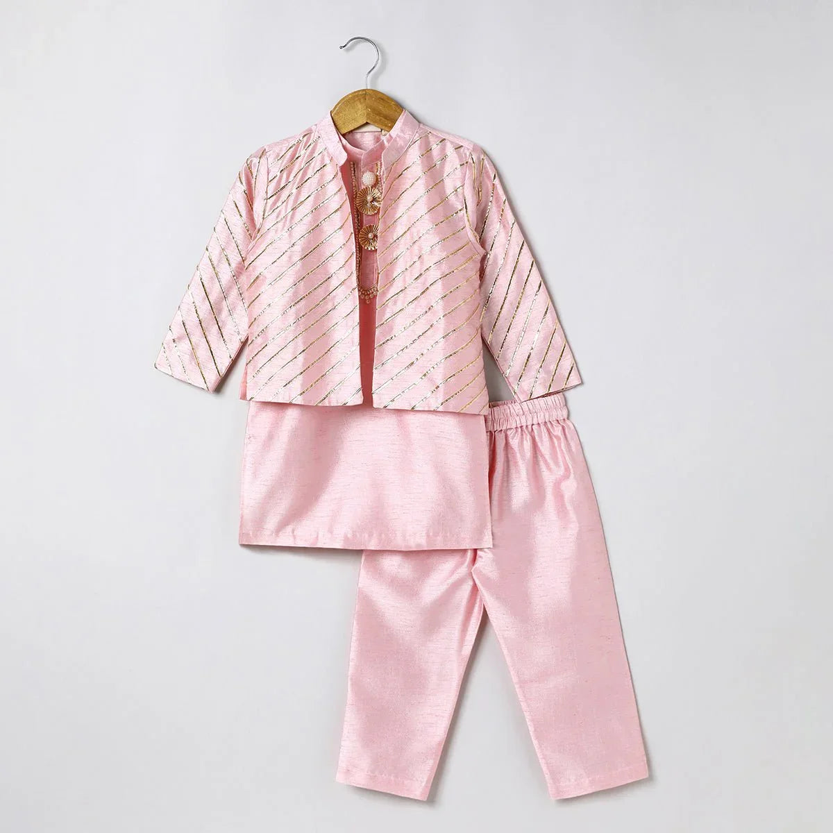 Boys pink kurta pyjama with embroidered bandi jacket | festive ethnic set   byb premium