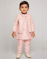 Load image into Gallery viewer, Boys Pink Kurta Pyjama with Embroidered Bandi Jacket | Festive Ethnic Set - BYB PREMIUM
