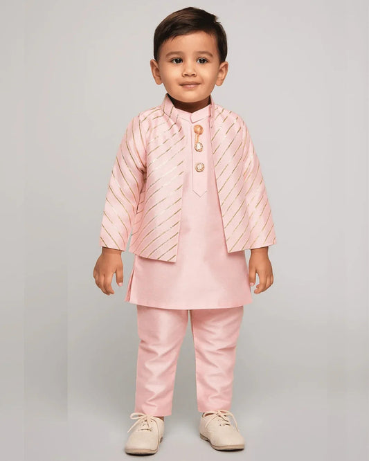 Boys Pink Kurta Pyjama with Embroidered Bandi Jacket | Festive Ethnic Set - BYB PREMIUM