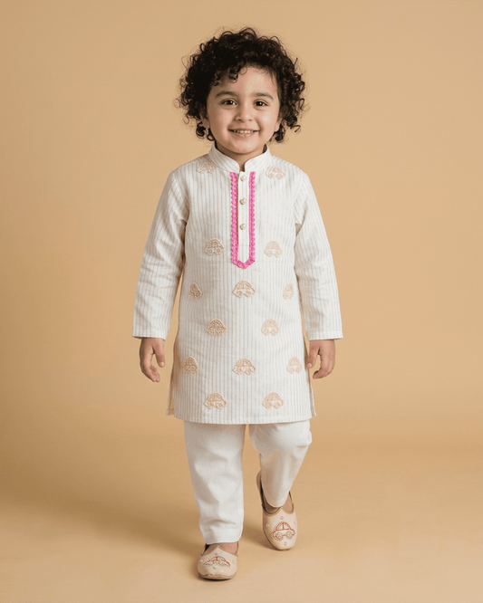 Boys Pure Cotton Embroidered Kurta Set with White Pajama - BYB PREMIUM