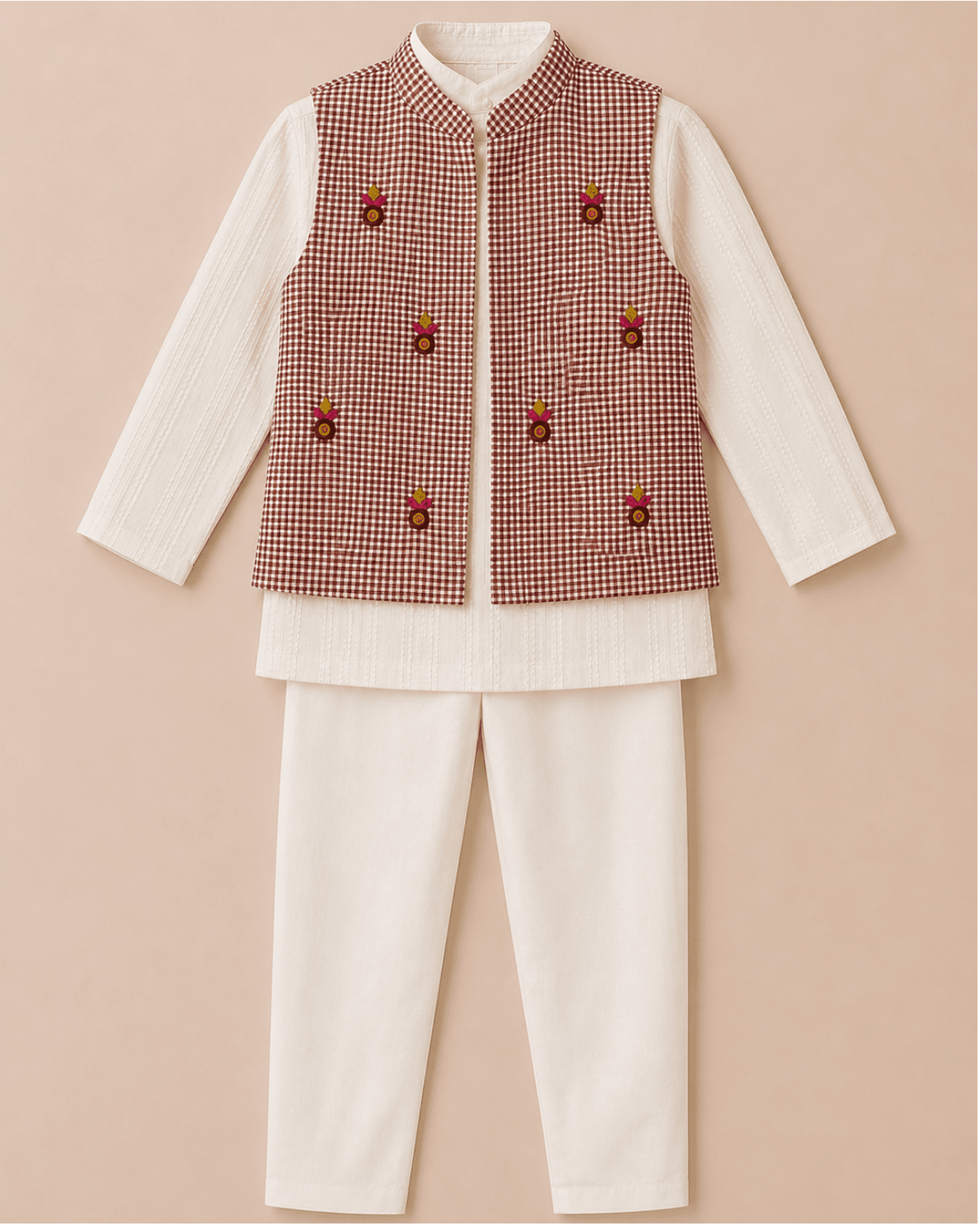 Boys pure cotton kurta set with embroidered gingham nehru jacket   byb premium