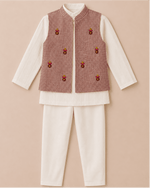 Load image into Gallery viewer, Boys Pure Cotton Kurta Set with Embroidered Gingham Nehru Jacket - BYB PREMIUM
