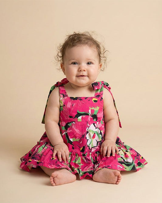 Bright Floral Print Paper Poplin Dress for Babies | Soft & Comfortable Baby Dress - BYB PREMIUM