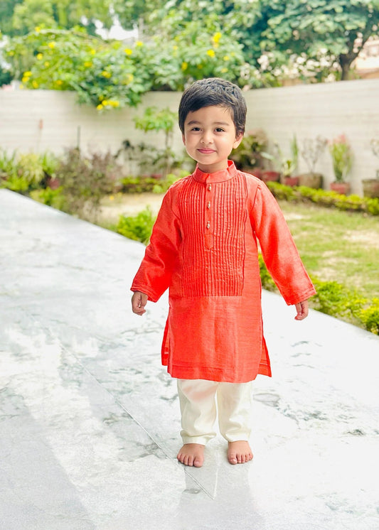 Bright Peach Kurta with Off - White Pyjama - BYB PREMIUM