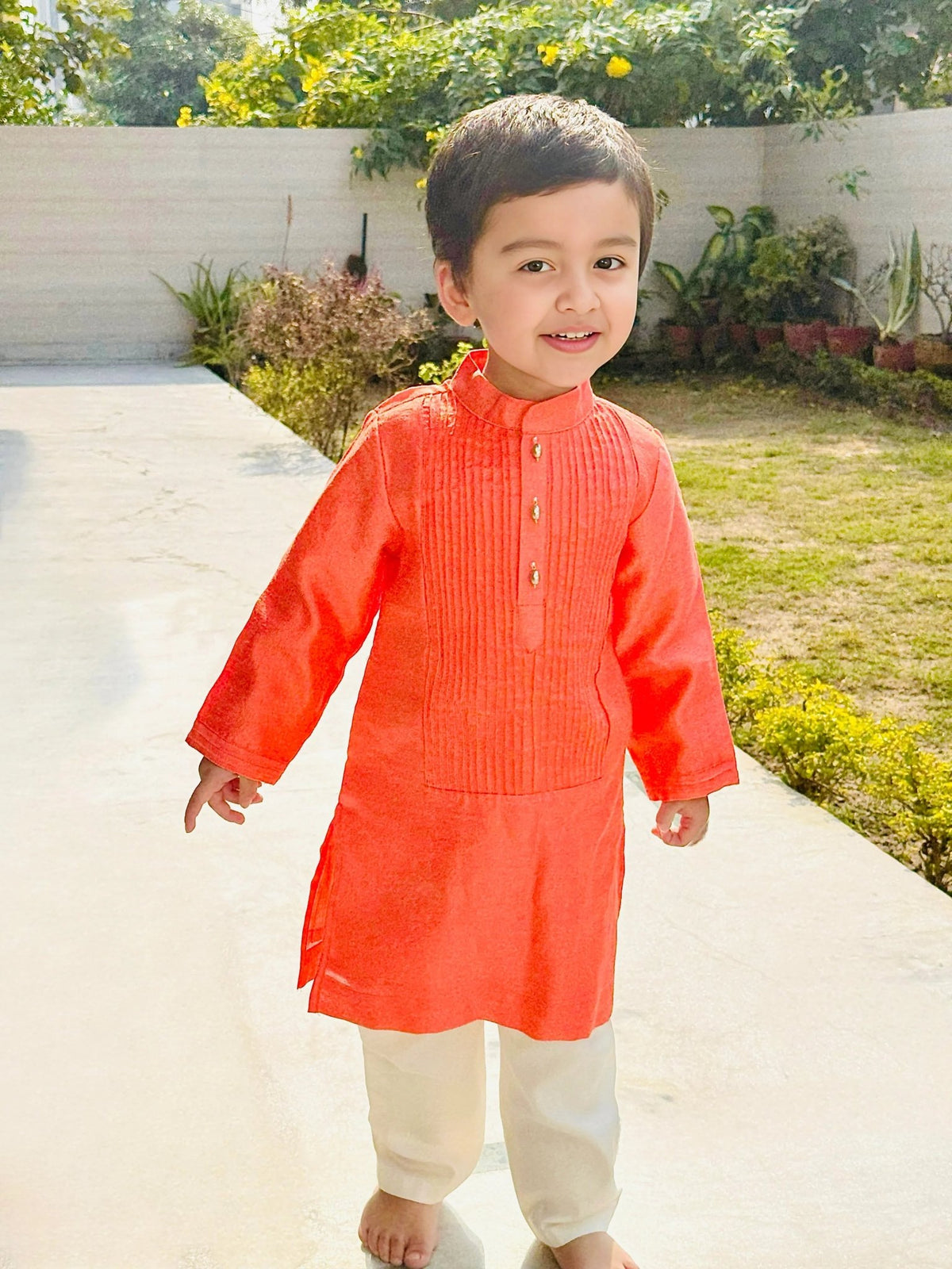 Bright peach kurta with off   white pyjama   byb premium